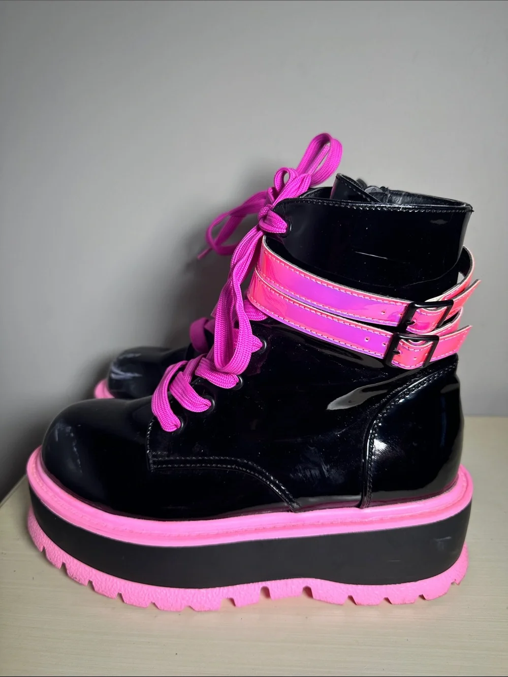 Demonia Slacker-52 Black Patent Platform Boot with Hot Pink Accents